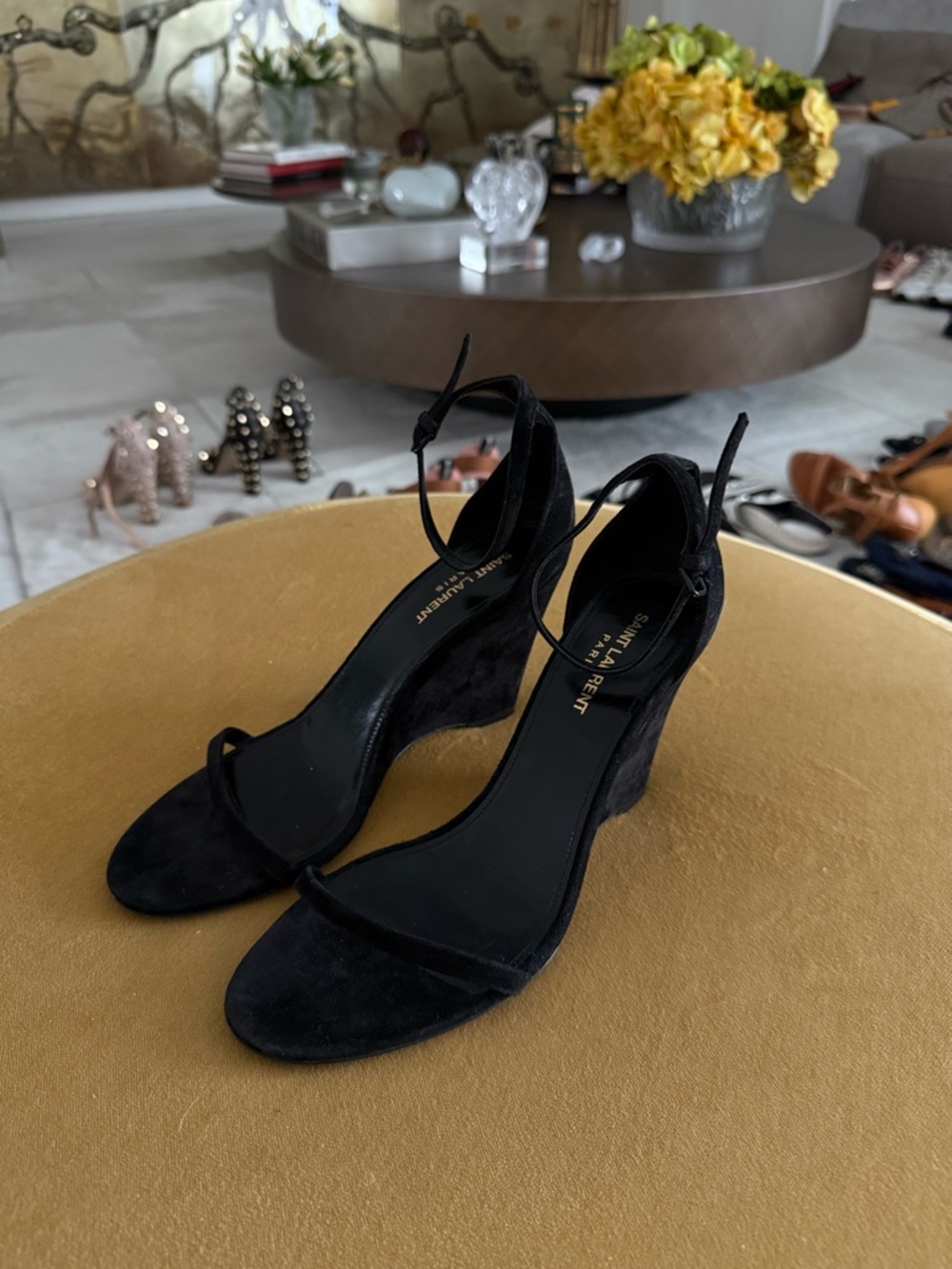 Saint Laurent Black Suede Ankle-Tie Wedge Sandals